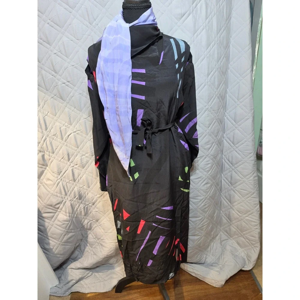 Babacho for Nicole 4 Pc Silk Dress Set Pants Scarf Belt Geometric Abstract Black